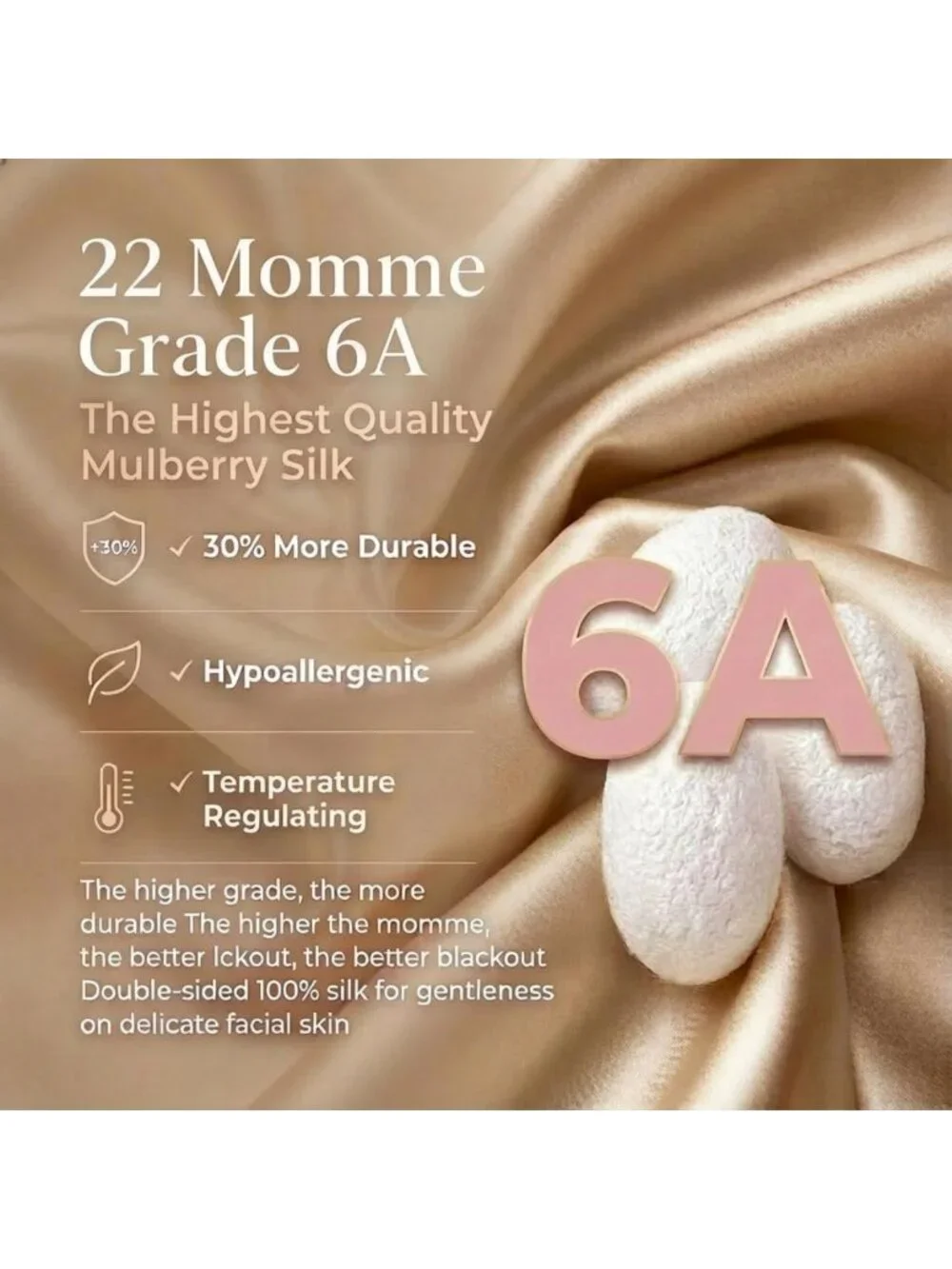 Luxurious 100% Mulberry Silk Sleep Mask, 22 Momme, Grade 6A, Champagne Color